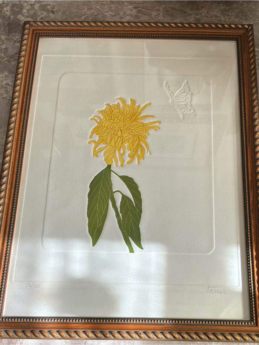 Yellow Chrysanthemum Botanical Limited Edition Print in Gold Frame